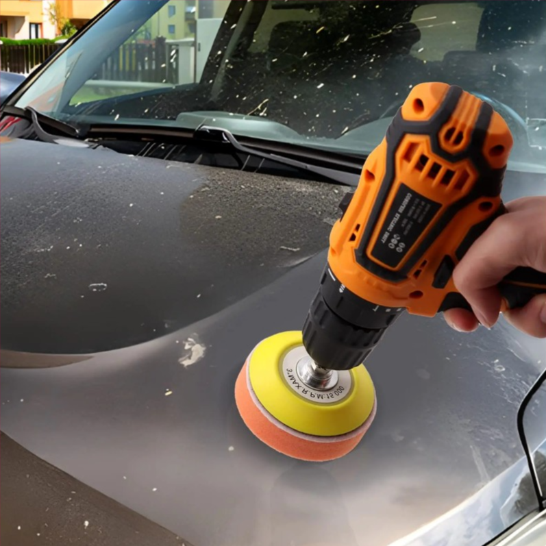 set of sponge pads and drill adapter to polish, shine and wax your car.